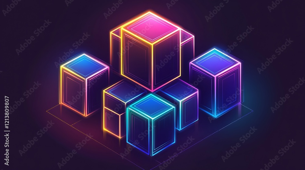 Neon glowing cubes, isometric view, abstract digital art. Neon glowing cubes, isometric view, abstract digital art.