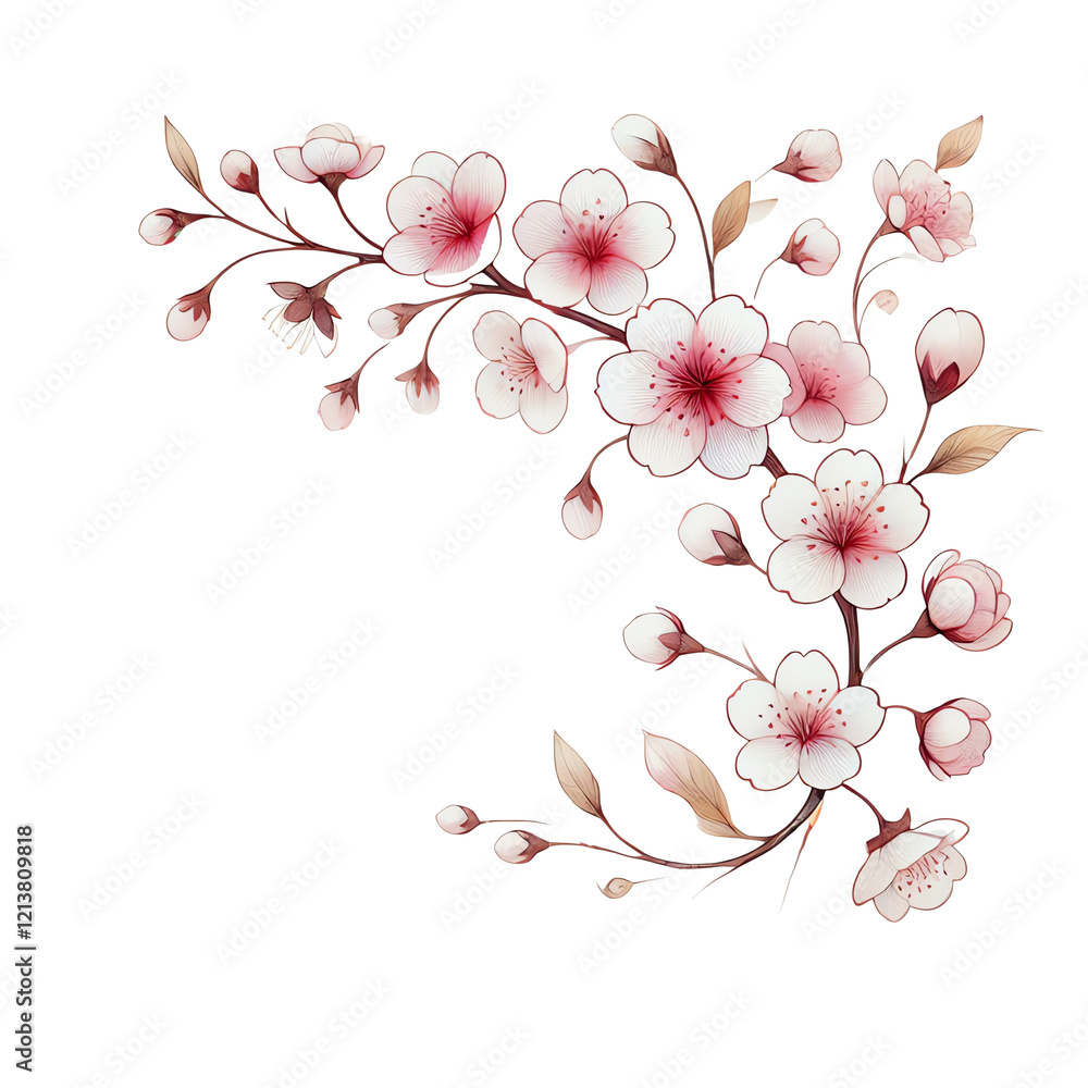 Fototapeta premium Cherry blossom branch, white isolate background