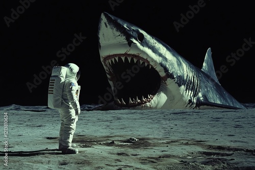 a man standing on the moon in an astronaut costume and looking at a shark