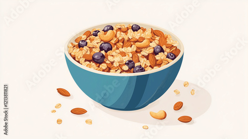 An illustration of a bowl of granola with nuts and fruits scattered around