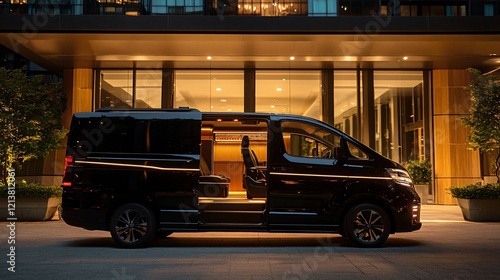 Luxury van at night, hotel entrance, city backdrop, transport service