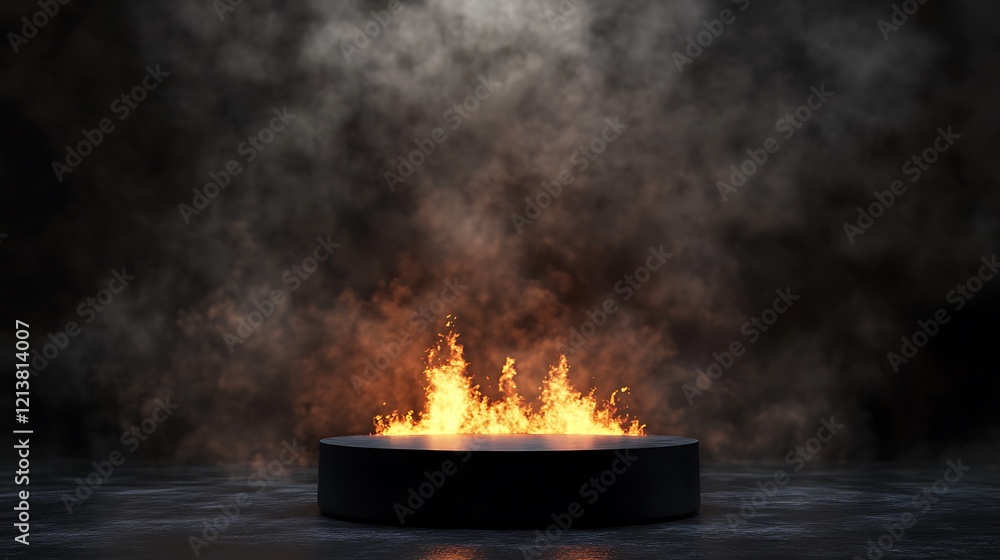 Dark Mystical Scene: Fiery Inferno Behind a Black Circular Platform Dark Mystical Scene: Fiery Inferno Behind a Black Circular Platform