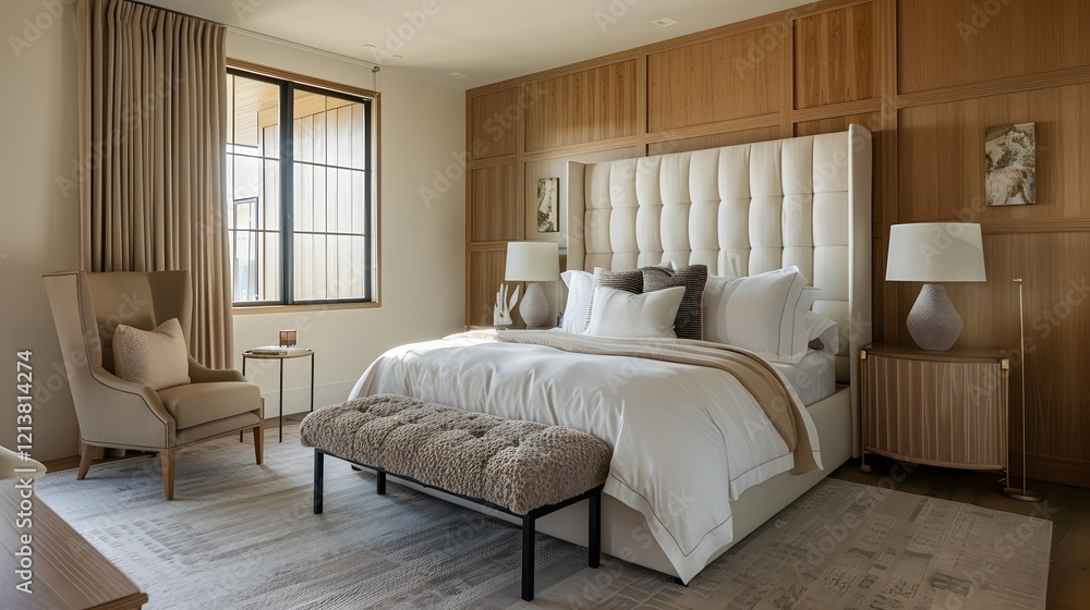 Modern Bedroom Interior Design with Wooden Wall Paneling and Plush Bedding Modern Bedroom Interior Design with Wooden Wall Paneling and Plush Bedding