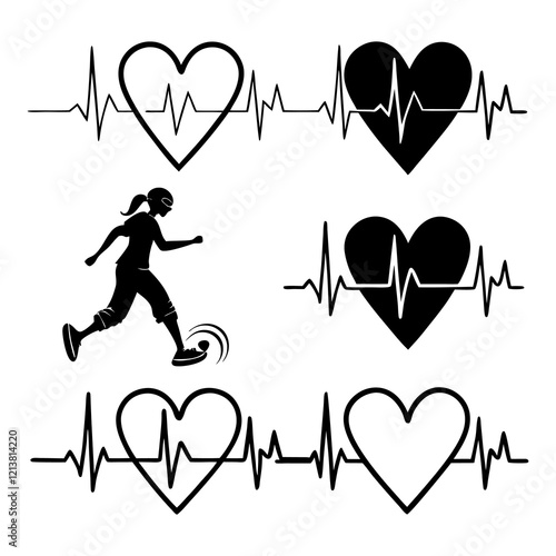 Black heartbeat line collection with heart symbol, cardiology, medical pulse, ECG, EKG design, healthcare clipart vector illustration, health monitoring, digital heartbeat graphics