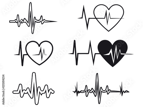 Black heartbeat line collection with heart symbol, cardiology, medical pulse, ECG, EKG design, healthcare clipart vector illustration, health monitoring, digital heartbeat graphics