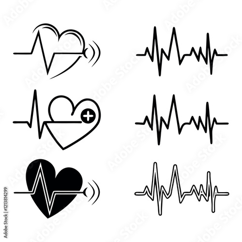 Black heartbeat line collection with heart symbol, cardiology, medical pulse, ECG, EKG design, healthcare clipart vector illustration, health monitoring, digital heartbeat graphics