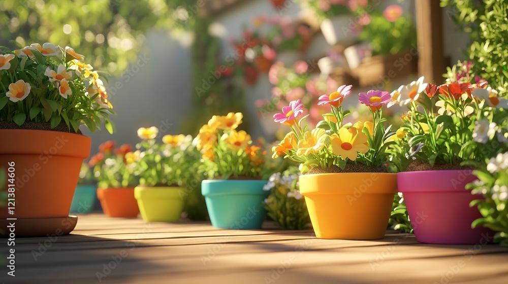 Colorful Flower Pots in Sunny Garden Setting Colorful Flower Pots in Sunny Garden Setting