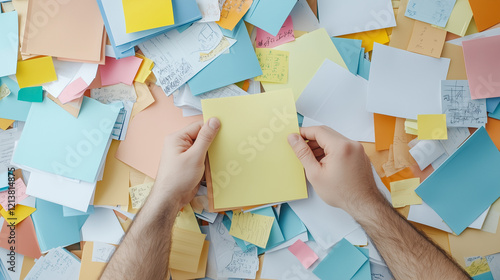 The Weight of Decisions: Hands delicately peel back a yellow sticky note from a chaotic sea of colorful reminders, capturing the pressure and anxiety of prioritizing amidst a flurry of tasks. 