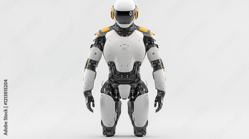 Futuristic Robot: A sleek, white and black robotic figure stands tall, showcasing its advanced mechanical design and futuristic aesthetic, representing the future of technology and robotics. Futuristic Robot: A sleek, white and black robotic figure stands tall, showcasing its advanced mechanical design and futuristic aesthetic, representing the future of technology and robotics.