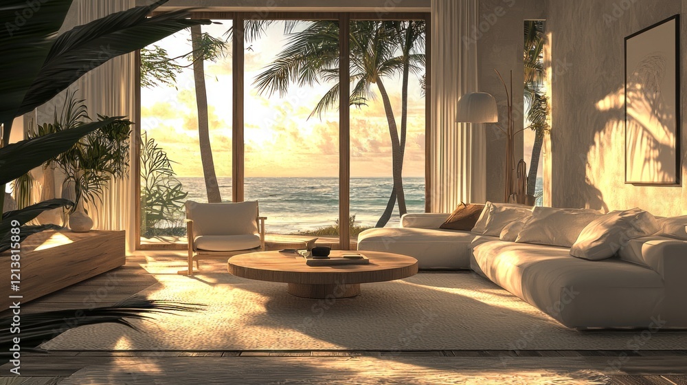 Fototapeta premium Sunset Beachfront Living Room: Tropical Getaway