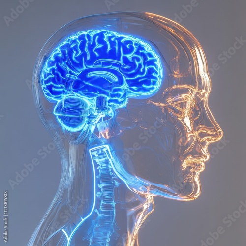 Human Brain and Neck Anatomy in Neon Light Illustration