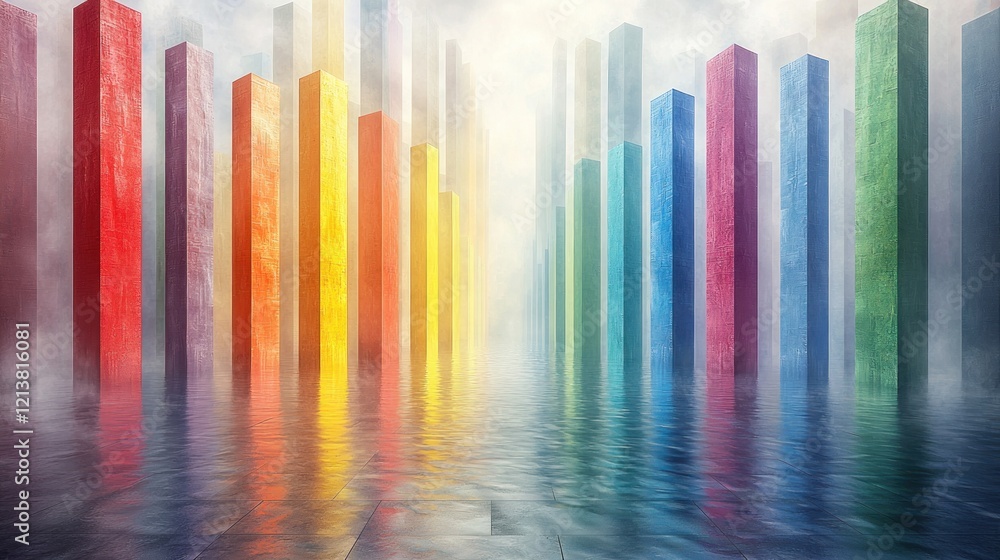 Obraz premium Vibrant Colorful Pillars Reflecting on Misty Water Surface