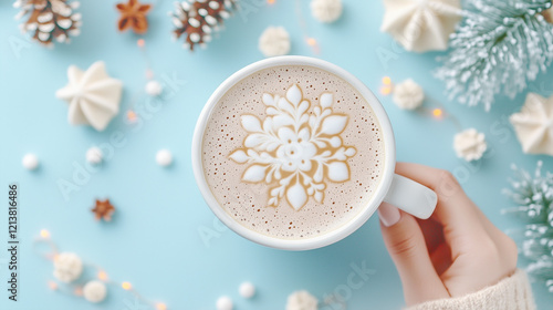 Winter Latte Art: A hand gently holds a warm mug of latte art, featuring an intricate snowflake design. Pastel blue background adorned with festive winter elements like meringue cookies, pine cones. photo