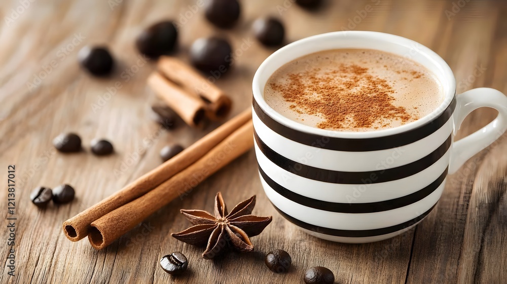 Cozy coffee cup with cinnamon and star anise on rustic wooden background with coffee beans scattered Cozy coffee cup with cinnamon and star anise on rustic wooden background with coffee beans scattered