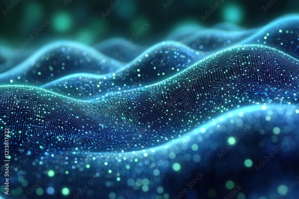 Digital landscape with glowing waves and lights Digital landscape with glowing waves and lights
