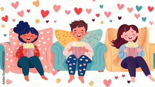Playful Cartoon Illustration of Friends in Pajamas Watching Movie Together