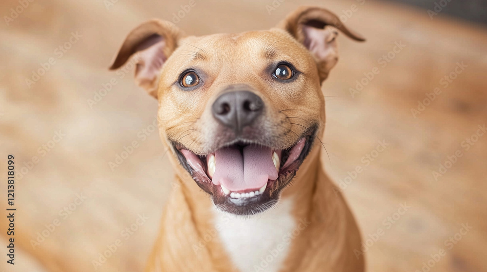 Smiling Dog Portrait: A heartwarming portrait of a happy, brown and white dog, looking directly at the camera with an infectious grin, showcasing their playful and loving nature. Smiling Dog Portrait: A heartwarming portrait of a happy, brown and white dog, looking directly at the camera with an infectious grin, showcasing their playful and loving nature.