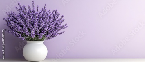 Lavender bouquet in white vase against a plain light purple wall with copy space on right side