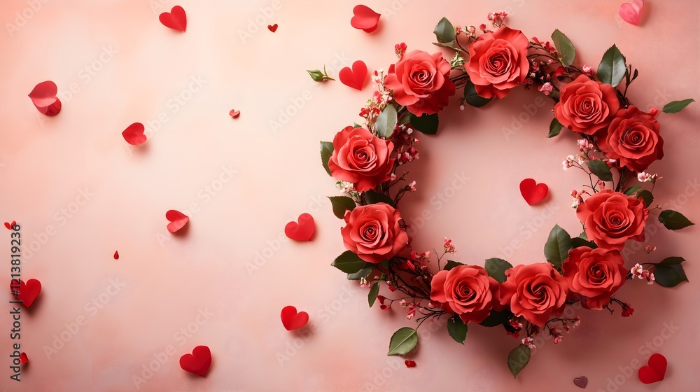A Valentine Day wreath with red roses and heart decorations A Valentine Day wreath with red roses and heart decorations