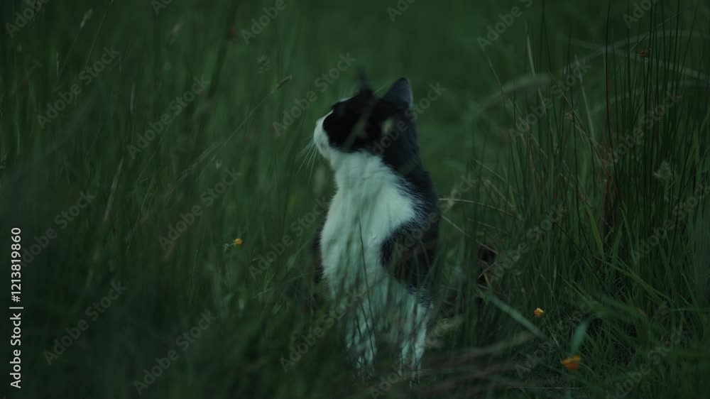 Pet cat in long grass, reacting to sound Pet cat in long grass, reacting to sound