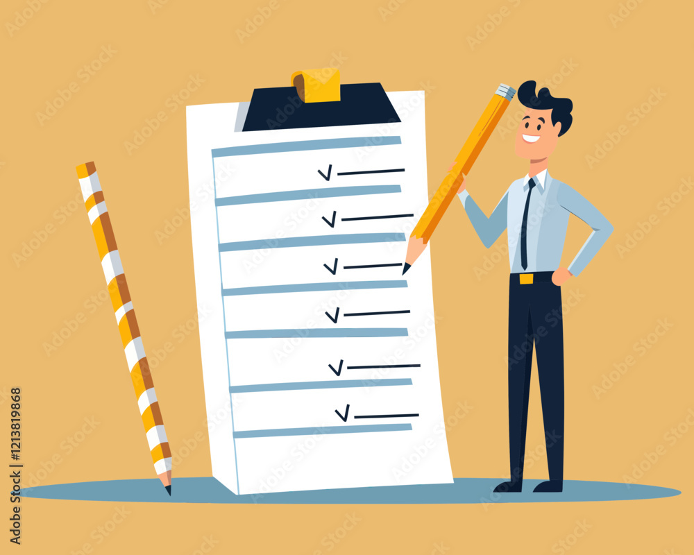 Confident Businessman with Checklist on Notepad and Pencil Vector Illustration for Task Completion and Productivity Concepts Confident Businessman with Checklist on Notepad and Pencil Vector Illustration for Task Completion and Productivity Concepts