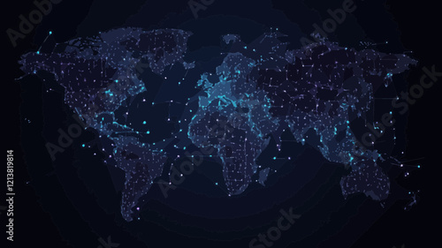 Abstract Wireframe World Map in Starry Sky Vector - Global Network and Connections, Minimalist Universe Concept, Points and Lines as Planets and Stars