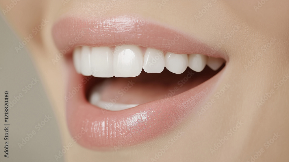 Fototapeta premium Radiant Smile: Close-up of a person's mouth, showcasing a perfect smile with pearly white teeth, capturing the essence of joy, health, and beauty. 