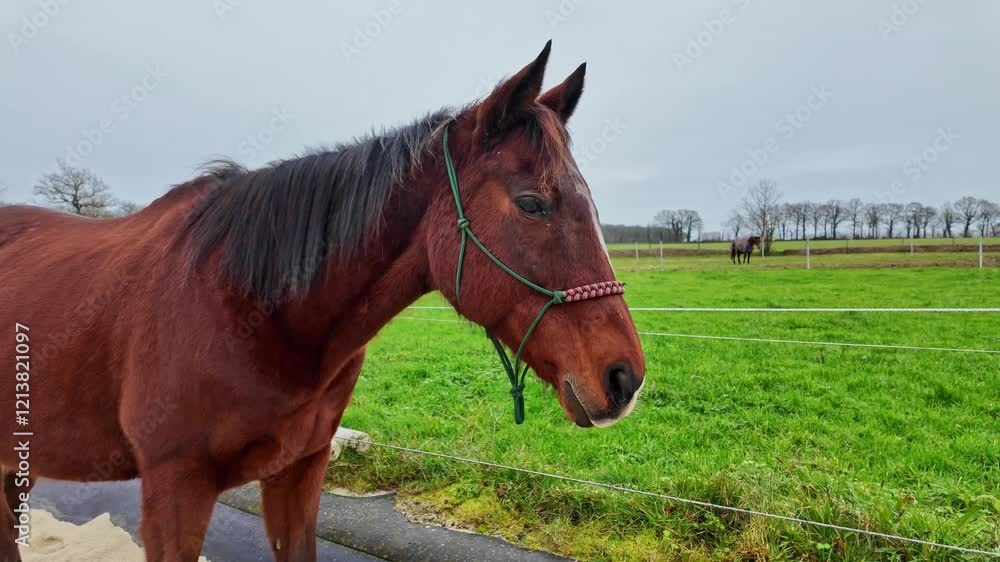 Brown horse with halter standing in vibrant green pasture on cloudy day, tiny and light snowflakes falling. Close-up Brown horse with halter standing in vibrant green pasture on cloudy day, tiny and light snowflakes falling. Close-up