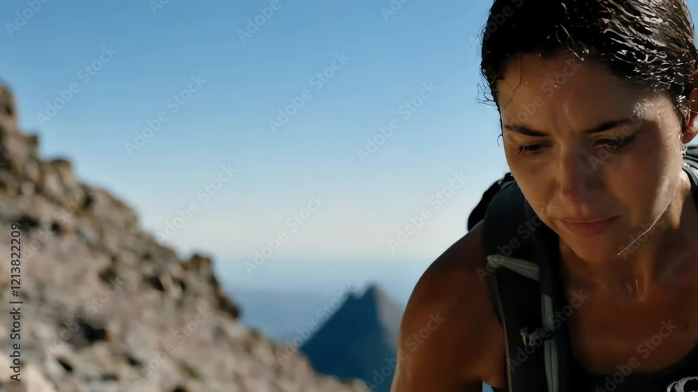 A sweaty person climbing a mountain, determined and focused on reaching the summit. Determination, strength and endurance Concept. A sweaty person climbing a mountain, determined and focused on reaching the summit. Determination, strength and endurance Concept.