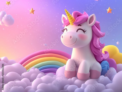 Cute unicorn sitting on clouds with rainbow and stars in a dreamy pastel sky background photo