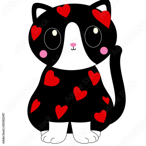 black and white cat, Valentine’s kitty, monochrome cat illustration, romantic feline art, cat with hearts, black and white kitten, love-themed cat drawing, cat holding heart, heart balloon kitty
