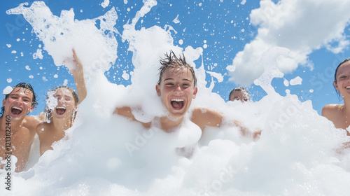 Foam Party Fun: Teenagers joyfully immerse themselves in a sea of white foam, their laughter and excitement palpable in this vibrant summer scene.  