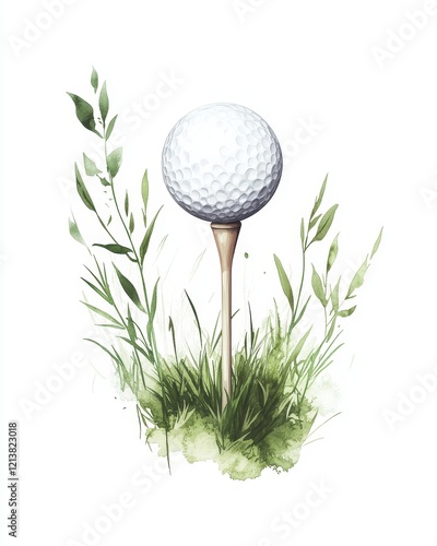 Golf ball on tee in grass with leaves.