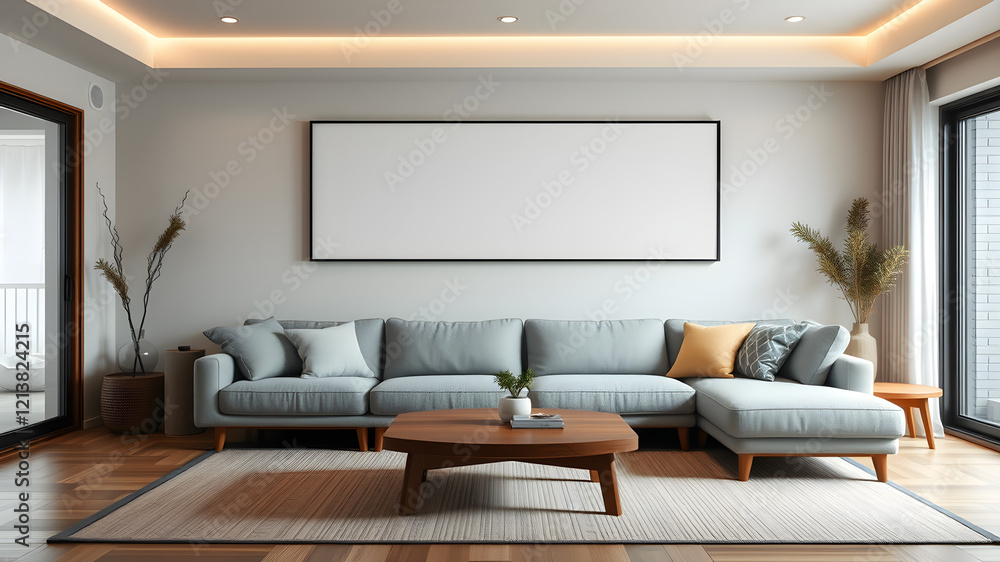 Modern Living Room Mockup: A minimalist and stylish living room with a sleek grey sectional sofa, a wooden coffee table, and a large blank canvas. Modern Living Room Mockup: A minimalist and stylish living room with a sleek grey sectional sofa, a wooden coffee table, and a large blank canvas.