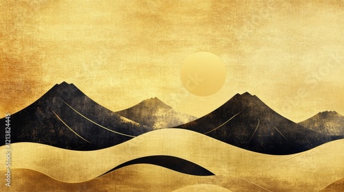 Contemporary artistic Japanese style ukiyoe with black mountain curves on a gold background, folding screen atmosphere, abstract, elegant, delicate, luxurious, retro dramatic graphic design elements.