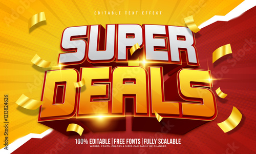 Super deal editable 3d text effect, logotype, business icon or typography design with comic sunburst, halftone, glitter and cartoon background for social media marketing banner, flyer or post. 3d word