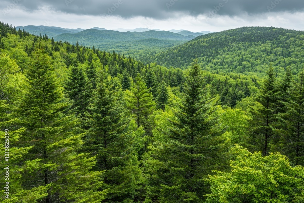 Lush green mountain forest panorama under stormy sky, nature travel brochure Lush green mountain forest panorama under stormy sky, nature travel brochure