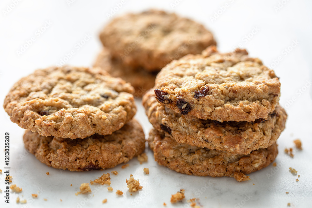 Close view of oatmeal cranberry cookies in stacks on white countertop Close view of oatmeal cranberry cookies in stacks on white countertop