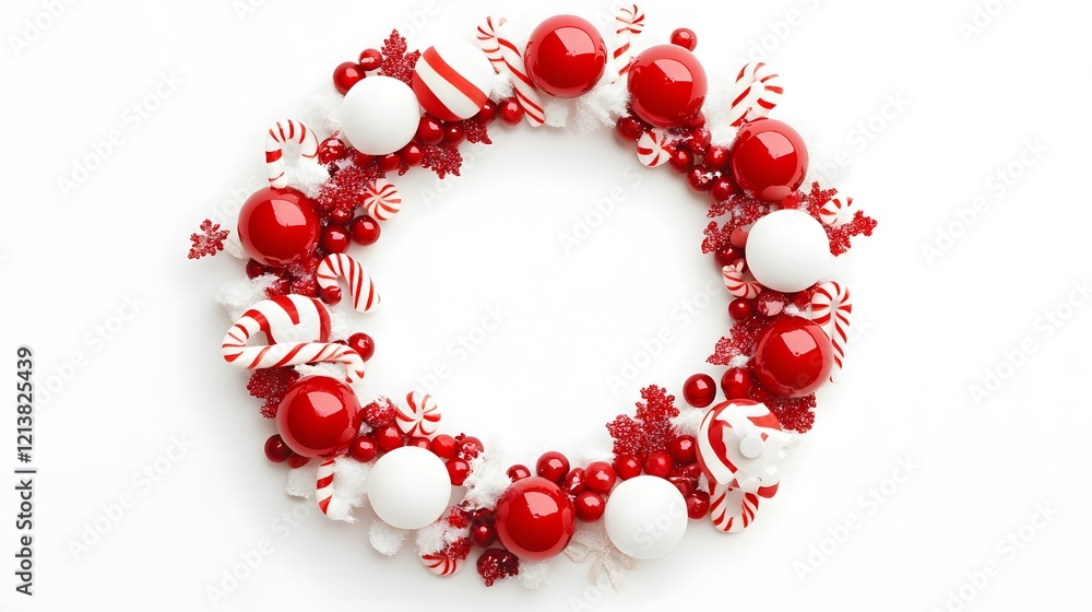Obraz premium Festive Christmas Wreath Decorated With Red And White Ornaments