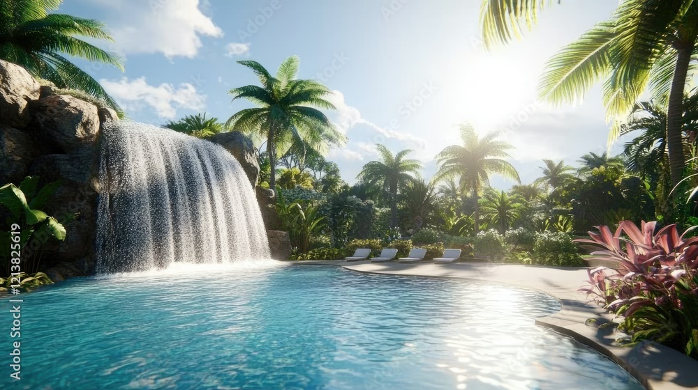 Serene Tropical Pool with Waterfall Surrounded by Lush Greenery Serene Tropical Pool with Waterfall Surrounded by Lush Greenery