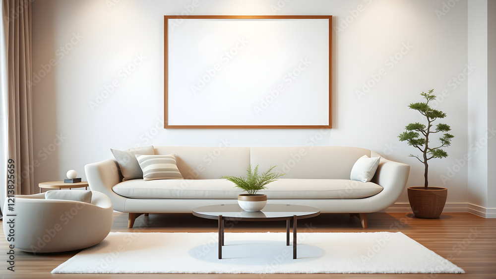 Fototapeta premium Modern Living Room with Empty Frame: A sleek, minimalist living room with a plush white sofa, a round coffee table, and a large empty frame. Perfect for showcasing art, photography, or branding.