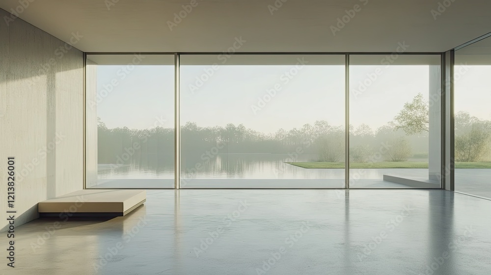 Fototapeta premium Modern Minimalist Interior with Large Glass Window and Serene View