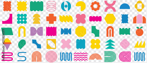
Brutalist abstract geometric shapes and grids. Y2K Geometric design element shapes.Colorful groovy brutal figures. Modern Swiss design aesthetic.