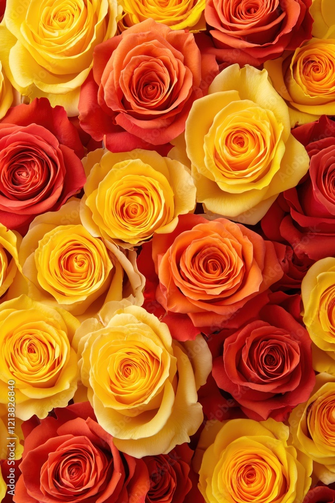 Close up view of vibrant roses in shades of yellow orange and red creating a floral pattern Close up view of vibrant roses in shades of yellow orange and red creating a floral pattern