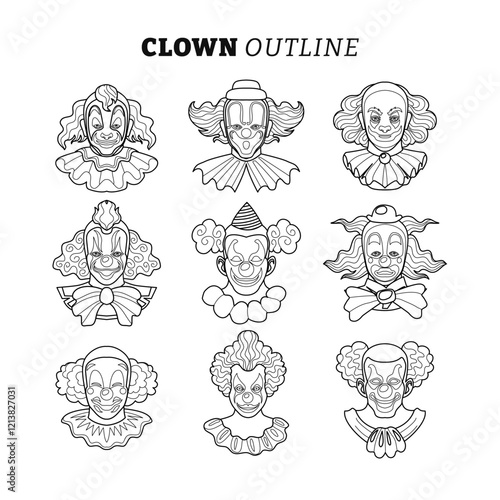 Set of clowns faces with scary heads painted noses eyebrows red lips and funny hats outline collection with line art style, Clown Head set, avatar, vector illustration, isolated on white background.
