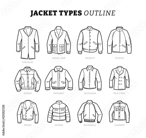 Set of different types of jacket  outline collection with line art style, leather jackets Topcoat, Wool Car, Varsity, Fleece, Denim, Bomber, Blouson, Peacoat Leather, Biker, Down, Baseball, Lumber.