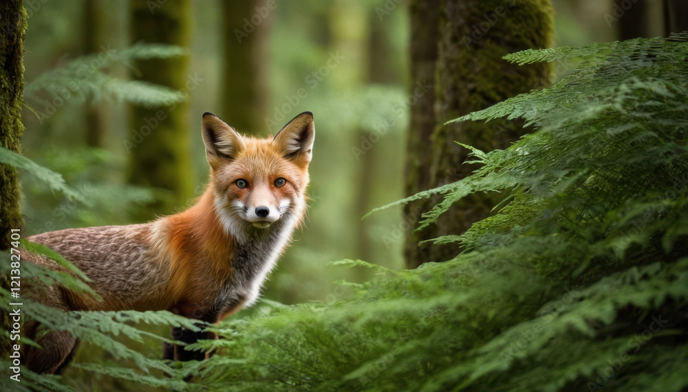 Red fox peeking through tall ferns in a dense forest with sunlight filtering through the canopy Red fox peeking through tall ferns in a dense forest with sunlight filtering through the canopy