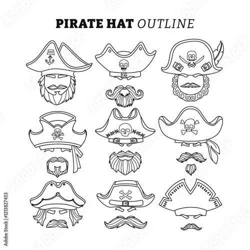 Set of Pirate Hat outline collection with line art style, pirate head with the captain of a pirate ship in a hat with a skull and crossbones. Bearded pirate in a hat and eye patch isolated.