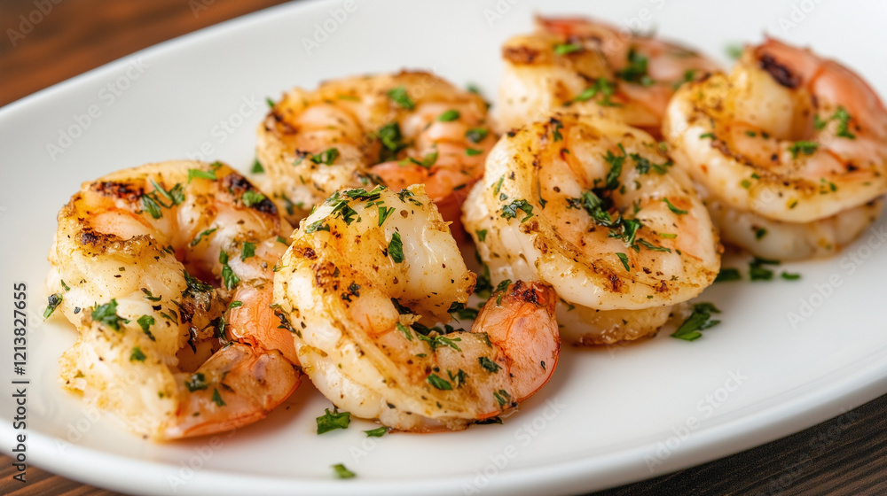 Grilled Shrimp Platter: A close-up view of succulent, perfectly grilled shrimp, glistening with a flavorful glaze, and adorned with fresh parsley, invitingly arranged on a white platter. Grilled Shrimp Platter: A close-up view of succulent, perfectly grilled shrimp, glistening with a flavorful glaze, and adorned with fresh parsley, invitingly arranged on a white platter.
