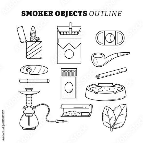 Set of smoker objects outline collection with line art style, Cigarettes. Lighter, Cigarette, Box, Pack, E-Cigarette, Smoking, Pipe, Cigar, Matchbox, Burning, Ashtray, hookah, Cigarette Roll, Tobacco